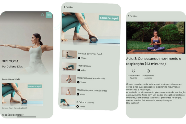 Três telas do aplicativo 365 YOGA no celular