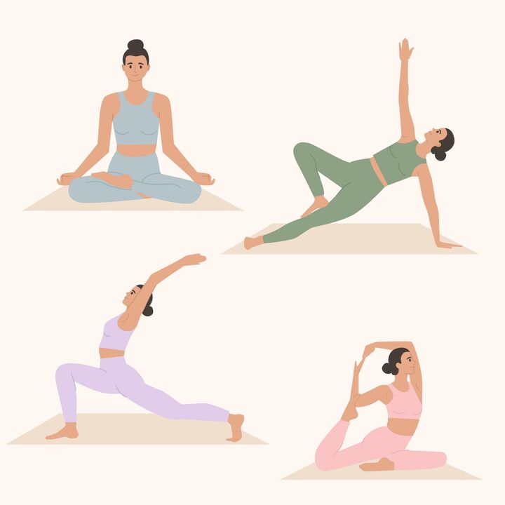 Ilustração de quatro mulheres em posturas de Yoga e meditação